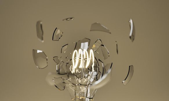 close-up of a light bulb exploding with the filament illuminated. concept of electricity, light and obsolescence. 3d rendering