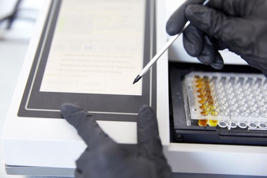 Lab Worker Adding Liquid to Test Tubes in laboratory