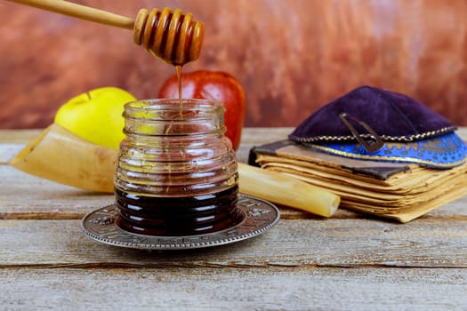 Jewish New Year Holiday in the symbols of Rosh Hashanah celebration on festive table