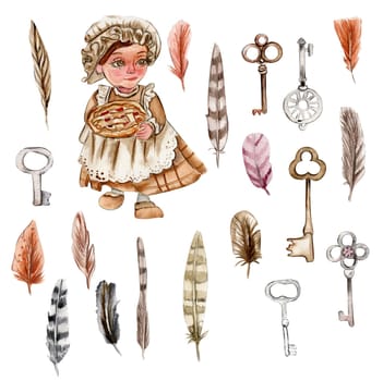 Autumn set of gnom girl and keys. Hand drawn illustration of autumn. Perfect for scrapbooking, kids design, wedding invitation, posters, greetings cards, party decoration.