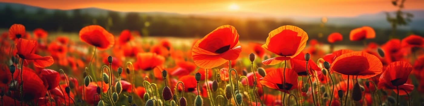Beautiful field of red poppies in the sunset light, banner. AI Generative