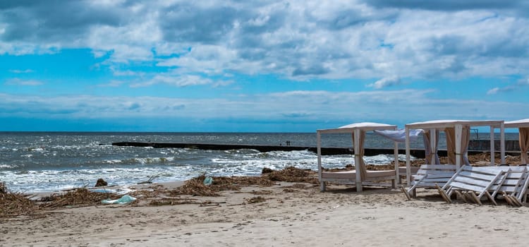 ODESSA, UKRAINE - JUNE 12, 2023: pollution of beaches with garbage and plant remains after the accident at the Kakhovka Hydroelectric Power Plant