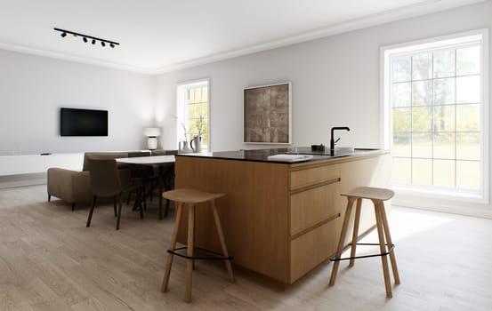 The interior of a light minimalist kitchen-studio. Interior with dining area and seating area with sofa and TV. 3D rendering