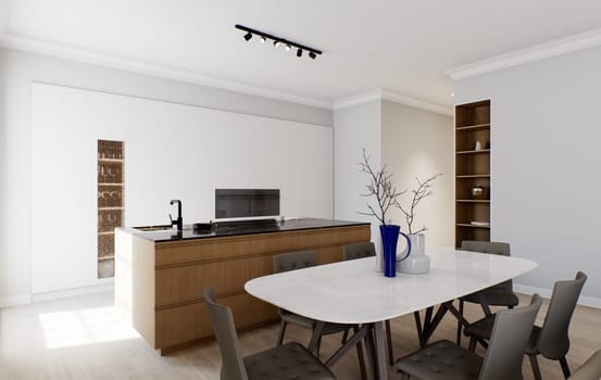 The interior of a light minimalist kitchen-studio with a wooden island. Kitchen with bar stool and black marble top with large window and appliances. Black faucet and stove on the island. 3D rendering