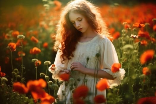 young beautiful woman in summer dress in poppies field . Warm sunset colors. Soft colors., AI Generative