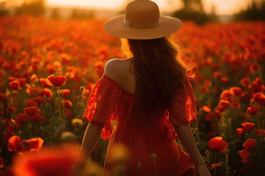 young beautiful woman in summer dress in poppies field . Warm sunset colors. Soft colors, view from behind, AI Generative