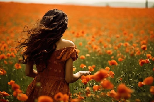 young beautiful woman in summer dress in poppies field . Warm sunset colors. Soft colors, view from behind, AI Generative