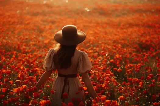 young beautiful woman in summer dress in poppies field . Warm sunset colors. Soft colors, view from behind, AI Generative