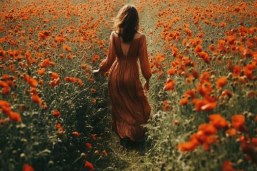 young beautiful woman in summer dress in poppies field . Warm sunset colors. Soft colors, view from behind, AI Generative