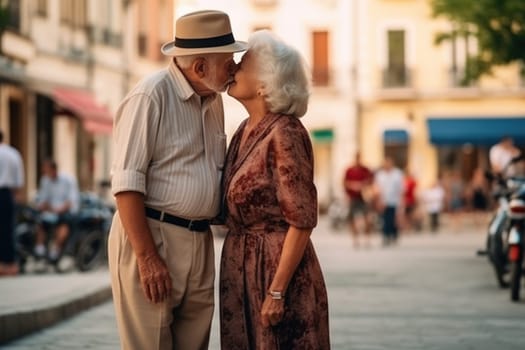 loving elderly couple kissing at the street, AI Generative