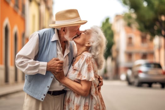 loving elderly couple kissing at the street, AI Generative