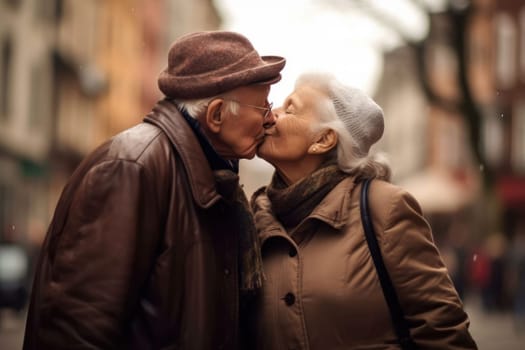 loving elderly couple kissing at the street, AI Generative