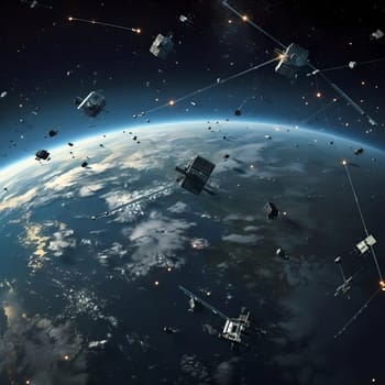 Constellation of satellites near the Earth. A lot of satellites, space. Communication Concept