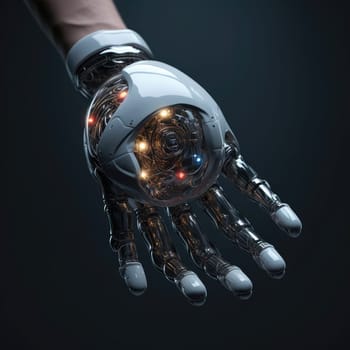 The hand of the robot of the future on a dark background. The concept of new technologies