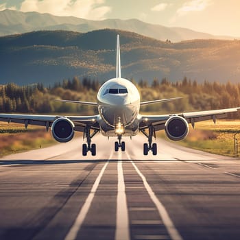 Front view of a passenger plane landing on the runway