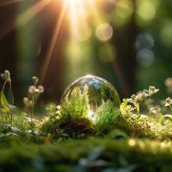 Glass sphere in the forest, grass and sun. The concept of nature conservation