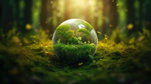 Glass sphere in the forest, grass and sun. The concept of nature conservation