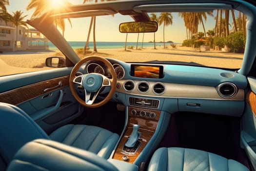 luxury car salon, palm trees and beach on background, AI Generative