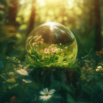 Glass sphere in the forest, grass and sun. The concept of nature conservation