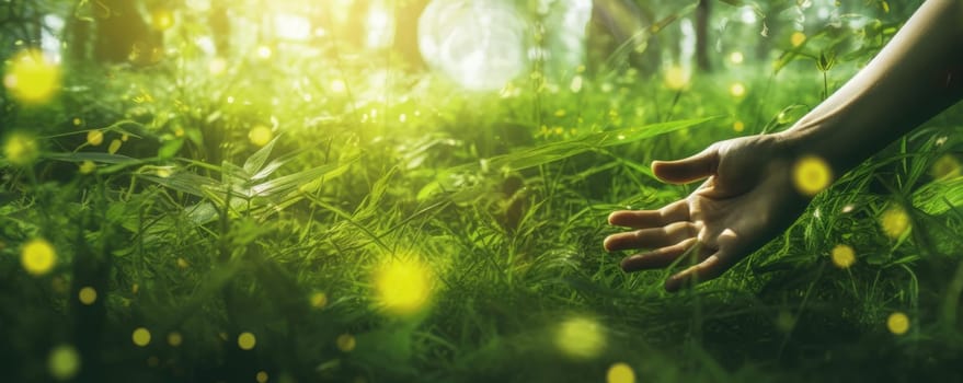 A hand reaches for the grass in a sunny, bright forest. The concept of nature and man