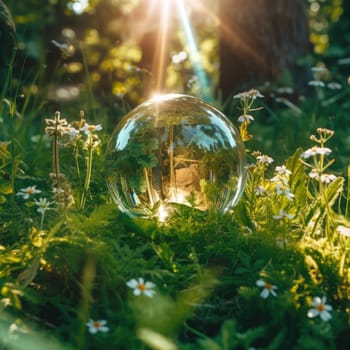 Glass sphere in the forest, grass and sun. The concept of nature conservation