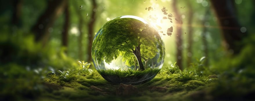 Glass sphere in the forest, grass and sun. The concept of nature conservation