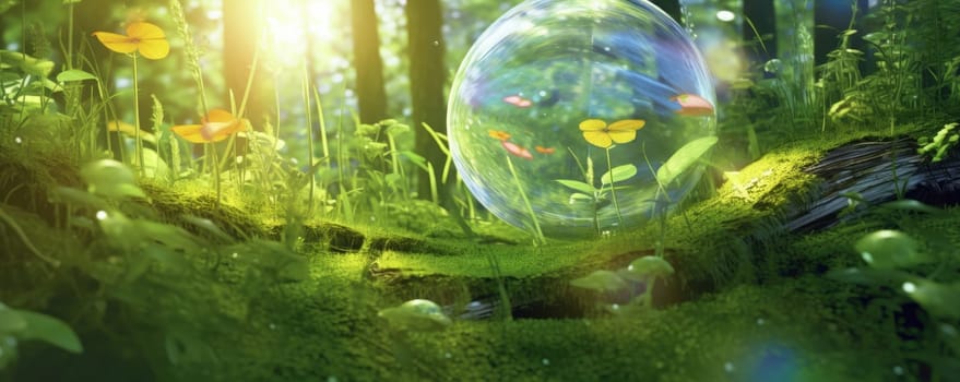 Glass sphere in the forest, grass and sun. The concept of nature conservation