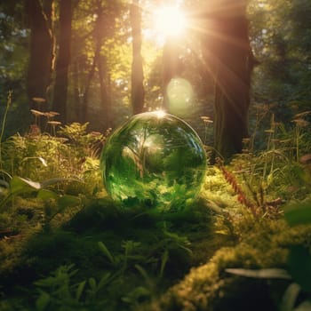 Glass sphere in the forest, grass and sun. The concept of nature conservation