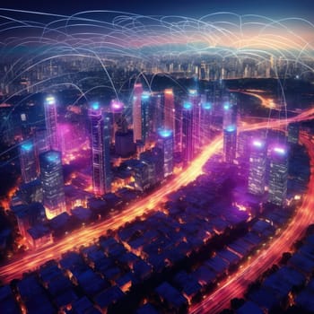 The city of the future with luminous lines. The Concept of Future Connectivity