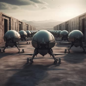 A group of combat drones before a battle on the ground