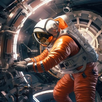 An astronaut in a spacesuit repairs a space station in outer space