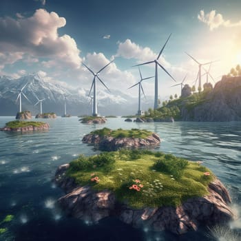 Windmills on the surface of the earth. The concept of green energy