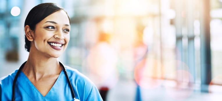 Woman, happy doctor and thinking on banner, mockup space and bokeh background. Face of healthcare worker with smile, motivation and thinking of medical innovation, future medicine or positive mindset.