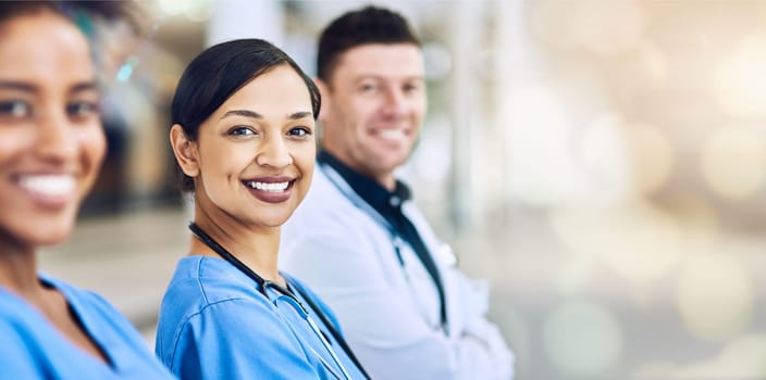 Doctor, team and portrait smile on mockup for healthcare, help advise or consultation at hospital. Happy medical professionals smiling in teamwork, collaboration or life insurance on bokeh background.