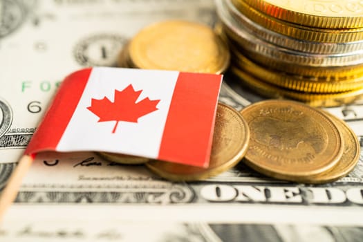 Stack of coins with Canada flag and US dollar banknotes.