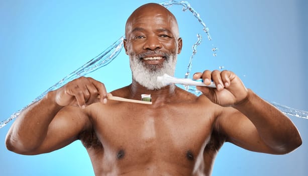 Toothbrush, bamboo and black man in studio with toothpaste, water splash and portrait for dental, mouth and wood product promotion. Senior model face, brushing teeth and eco friendly marketing mockup.