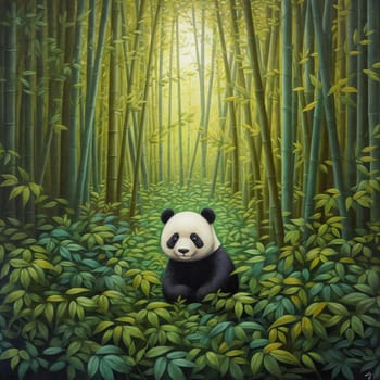 The illustration of a cute and cuddly panda in bamboo forest. AI Generative