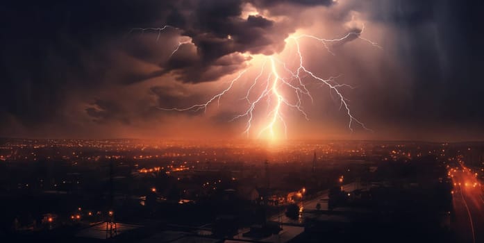 The city skyline is a silhouette against the cloudy dark sky with lightning. Panorama. AI Generative