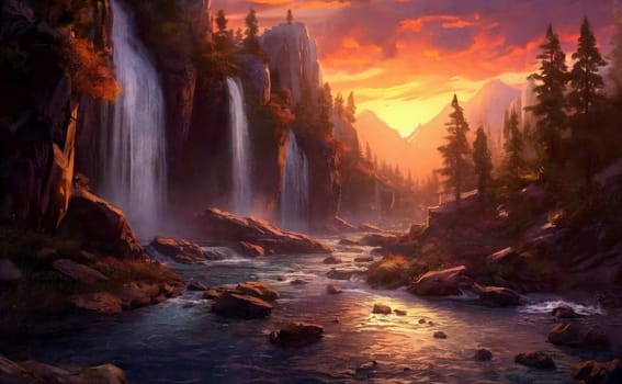 Fantasy landscape with waterfalls, forest around, sunset panorama. Generative AI