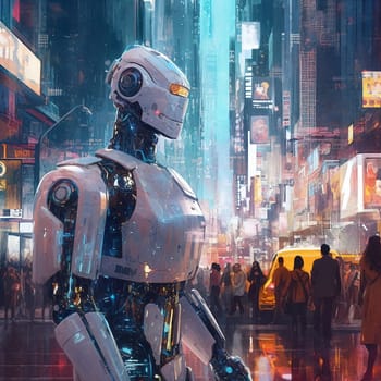 Futuristic image of robot. Modern city on background . AI Generative