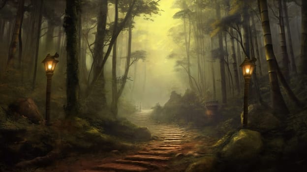 Fantasy faiey forest, lanterns on the foreground. AI Generative