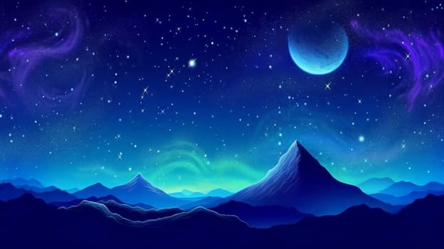 Fantasy planet with mountain on foreground, night sky with stars and planets on background . AI Generative