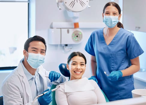 Portrait of dentist and patient in consultation for teeth whitening, service and dental care. Healthcare, dentistry and orthodontist with equipment for woman for oral hygiene, wellness and cleaning.