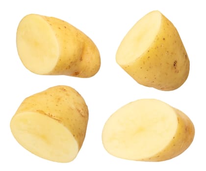 Raw vegetables. Potato with peel and leftover ground isolated on white background. The concept of obesity from potatoes. To be inserted into a design or project. High quality photo