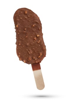 Ice cream on a stick, on a white isolated background. Ice cream covered in dark chocolate with hazelnuts. Ice cream scoop isolate for inserting into a design or project
