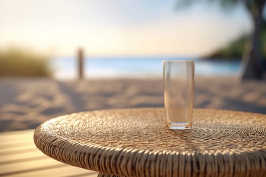 An empty glass on a rattan table in a beach restaurant against a beautiful blue sea and sky. Ai generative