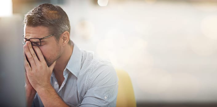 Computer, stress burnout or business man with anxiety from bad investment, stock market crash or financial crisis mockup. Problem, headache or crypto trader with forex, bitcoin or NFT trading mistake.