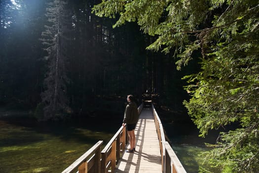 Man standing on the woodbridge in the forest on Black lake in Zabljak, Montenegro. High quality photo