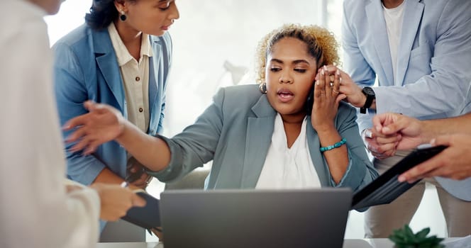 Business woman, laptop and multi tasking overwhelmed with workload from colleagues at office. Female corporate manager working or helping employees in communication with multiple tasks at workplace.