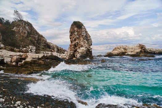 View of the stony coast of the Ionian sea on the islands of Corfu. High quality photo